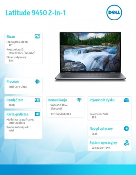 Dell Notebook Latitude 9450 2in1 Win11Pro Ultra 7 165U/32GB/1TB SSD Gen4/14.0 QHD+ Touch/Int/FgrPr/FHD/IR Cam/Mic/WLAN+BT/Backlit Kb/ Dell Notebook Latitude 9450 2in1 Win11Pro Ultra 7 165U/32GB/1TB SSD Gen4/14.0 QHD+ Touch/Int/FgrPr/FHD/IR Cam/Mic/WLAN+BT/Backlit Kb/