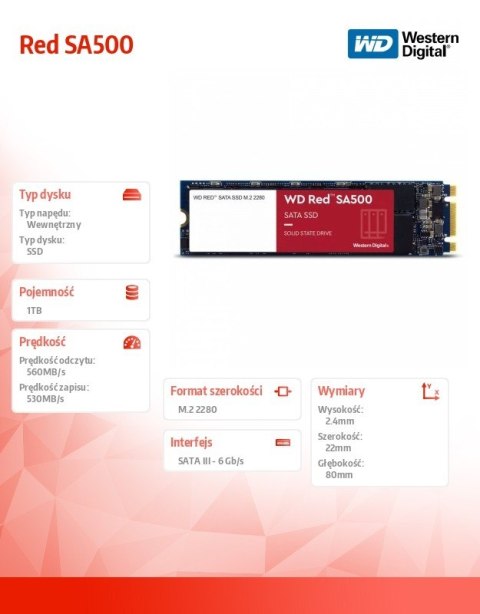 Western Digital Dysk Red SSD 1TB M.2 2280 SA500 WDS100T1R0B Western Digital Dysk Red SSD 1TB M.2 2280 SA500 WDS100T1R0B