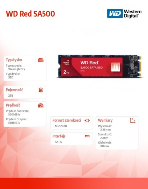 Western Digital Dysk SSD Red SSD 2TB M.2 2280 SA 500 WDS200T1R0B Western Digital Dysk SSD Red SSD 2TB M.2 2280 SA 500 WDS200T1R0B