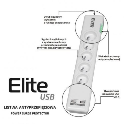EVER Listwa antyprzepięciowa ELITE USB 1.5m T/LZ11-ELI015/0000 EVER Listwa antyprzepięciowa ELITE USB 1.5m T/LZ11-ELI015/0000
