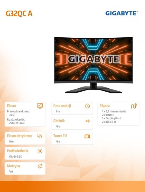 Gigabyte Monitor 31.5 cala G32QC A 1ms/12MLN:1/FULLHD/HDMI Gigabyte Monitor 31.5 cala G32QC A 1ms/12MLN:1/FULLHD/HDMI