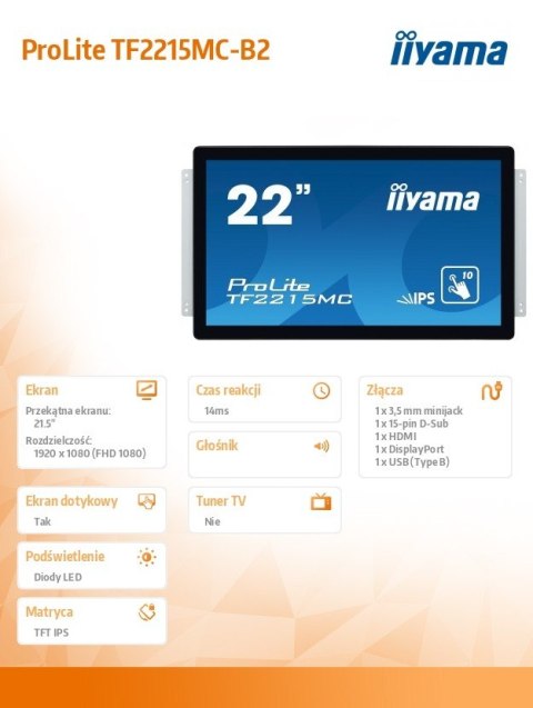 IIYAMA Monitor 22 TF2215MC-B2 pojemnościowy 10pkt pianka IPS DP HDMI IIYAMA Monitor 22 TF2215MC-B2 pojemnościowy 10pkt pianka IPS DP HDMI