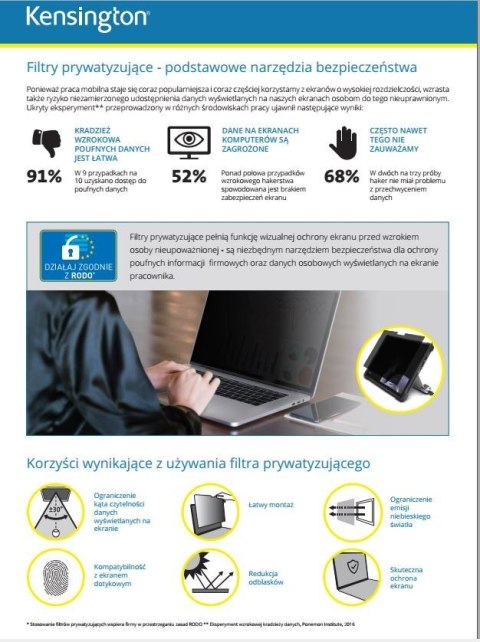 Kensington Filtr prywatyzujący 2-stronny, zdejmowany, do monitora 13.3 cala 16:9 Kensington Filtr prywatyzujący 2-stronny, zdejmowany, do monitora 13.3 cala 16:9