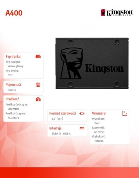Kingston Dysk SSD A400 series 960GB SATA3 2.5 Kingston Dysk SSD A400 series 960GB SATA3 2.5