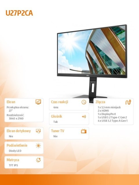 AOC Monitor U27P2CA 27 IPS 4K HDMIx2 DP USB-C Pivot AOC Monitor U27P2CA 27 IPS 4K HDMIx2 DP USB-C Pivot
