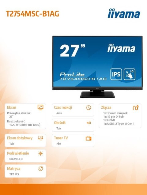 IIYAMA Monitor 27 cali T2754MSC-B1AG pojemnościowy 10PKT IPS powłoka AG IIYAMA Monitor 27 cali T2754MSC-B1AG pojemnościowy 10PKT IPS powłoka AG