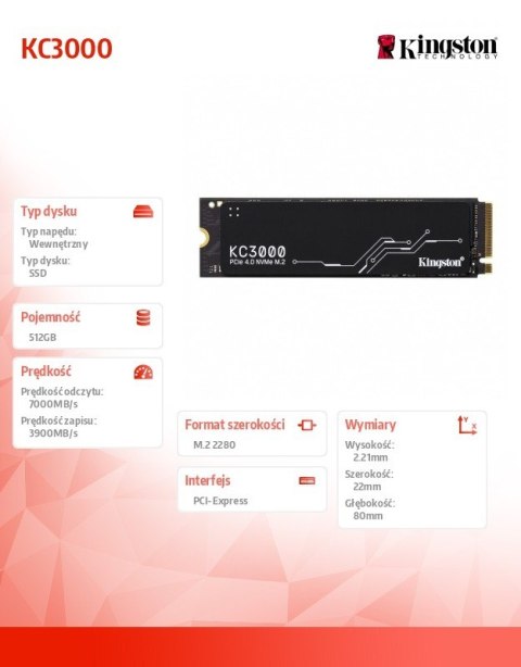 Kingston Dysk SSD KC3000 512GB PCIe 4.0 NVMe M.2 Kingston Dysk SSD KC3000 512GB PCIe 4.0 NVMe M.2
