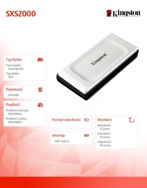 Kingston Dysk SSD XS2000 1000GB USB3.2 Gen2.2 Zewnętrzni Kingston Dysk SSD XS2000 1000GB USB3.2 Gen2.2 Zewnętrzni