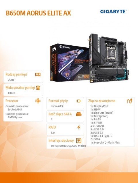 Gigabyte Płyta główna B650M AORUS ELITE AX AM5 4DDR5 HDMI/DP mATX Gigabyte Płyta główna B650M AORUS ELITE AX AM5 4DDR5 HDMI/DP mATX