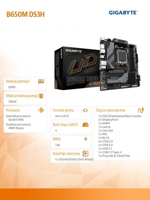 Gigabyte Płyta główna B650M DS3H AM5 4DDR5 HDMI/DP M2 m.ATX Gigabyte Płyta główna B650M DS3H AM5 4DDR5 HDMI/DP M2 m.ATX