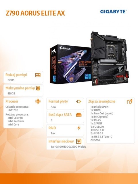 Gigabyte Płyta główna Z790 AORUS ELITE AX S1700 4DDR5 USB/DP ATX Gigabyte Płyta główna Z790 AORUS ELITE AX S1700 4DDR5 USB/DP ATX