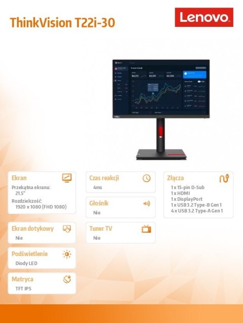 Lenovo Monitor 21.5 cala ThinkVision T22i-30 WLED LCD 63B0MAT6EU Lenovo Monitor 21.5 cala ThinkVision T22i-30 WLED LCD 63B0MAT6EU