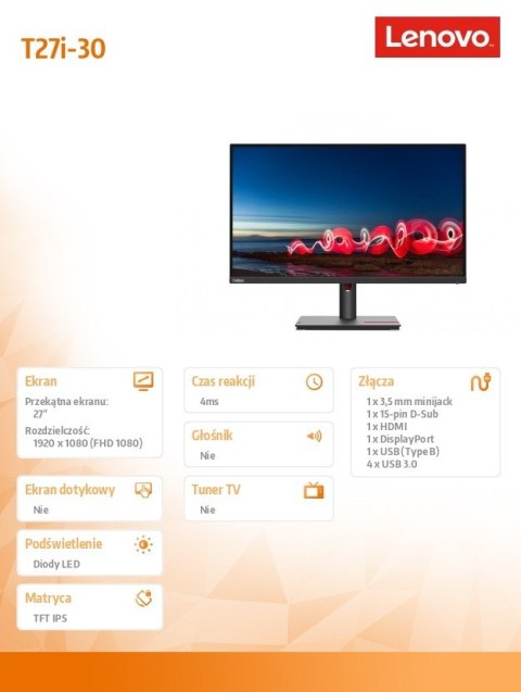 Lenovo Monitor 27 cali ThinkVision T27i-30 63A4MAT1EU Lenovo Monitor 27 cali ThinkVision T27i-30 63A4MAT1EU