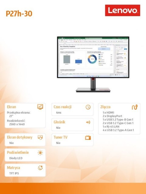 Lenovo Monitor ThinkVision P27h-30 27 cali 63A1GAT1EU Lenovo Monitor ThinkVision P27h-30 27 cali 63A1GAT1EU
