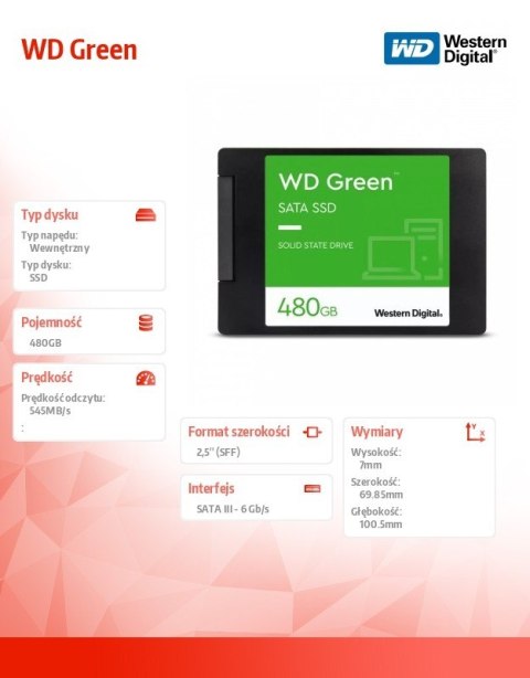 Western Digital Dysk SSD WD Green 480GB SATA 2,5 cala WDS480G3G0A Western Digital Dysk SSD WD Green 480GB SATA 2,5 cala WDS480G3G0A