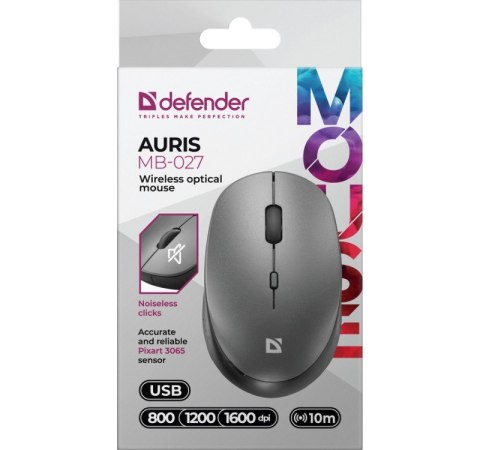 Defender Mysz bezprzewodowa silent click AURIS MB-027 800/1200/1600DPI szara Defender Mysz bezprzewodowa silent click AURIS MB-027 800/1200/1600DPI szara