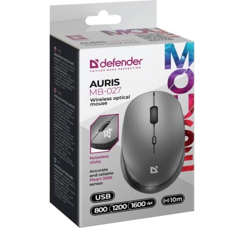Defender Mysz bezprzewodowa silent click AURIS MB-027 800/1200/1600DPI szara Defender Mysz bezprzewodowa silent click AURIS MB-027 800/1200/1600DPI szara