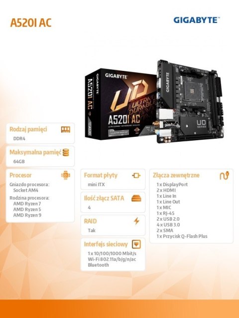 Gigabyte Płyta główna A520I AC AM4 2DDR4 DP/2HDMI mITX Gigabyte Płyta główna A520I AC AM4 2DDR4 DP/2HDMI mITX