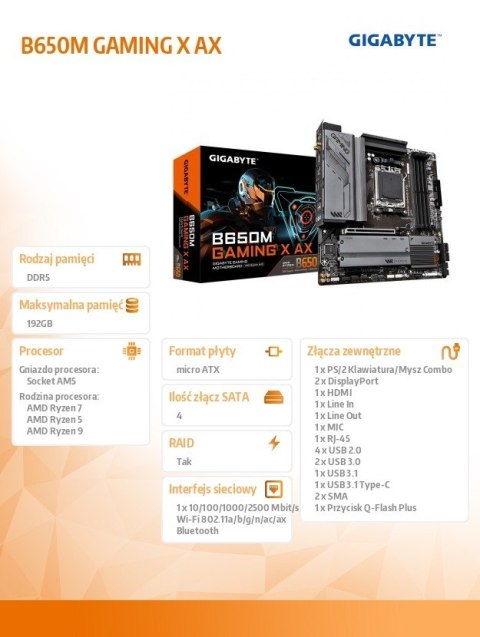 Gigabyte Płyta główna B650M GAMING X AX AM5 4DDR5 HDMI/2DP mATX Gigabyte Płyta główna B650M GAMING X AX AM5 4DDR5 HDMI/2DP mATX
