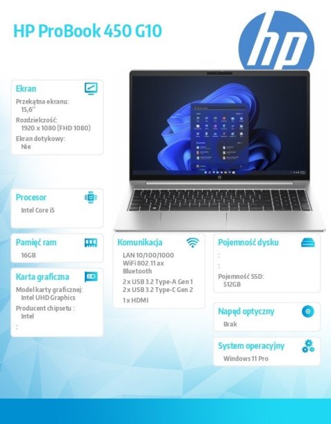 HP Inc. Notebook ProBook 450 G10 i5-1335U 512GB/16GB/W11P/15.6 85C57EA HP Inc. Notebook ProBook 450 G10 i5-1335U 512GB/16GB/W11P/15.6 85C57EA