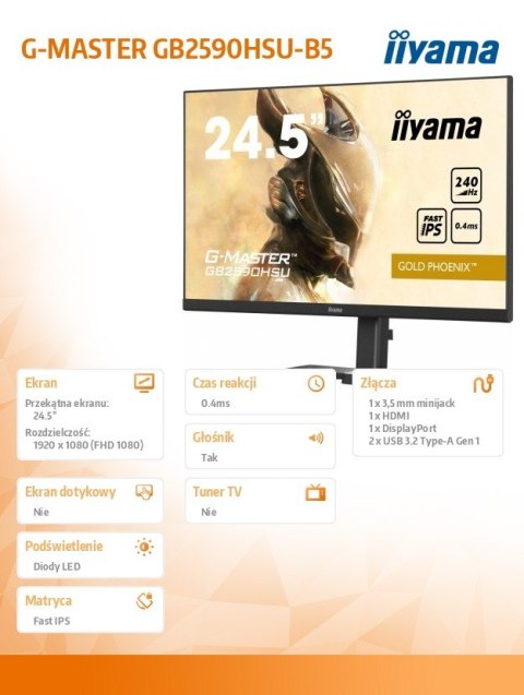 IIYAMA Monitor 24.5 cala GB2590HSU-B5 0.4ms,IPS,DP,HDMI,240Hz,F.Sync,HDR400 IIYAMA Monitor 24.5 cala GB2590HSU-B5 0.4ms,IPS,DP,HDMI,240Hz,F.Sync,HDR400
