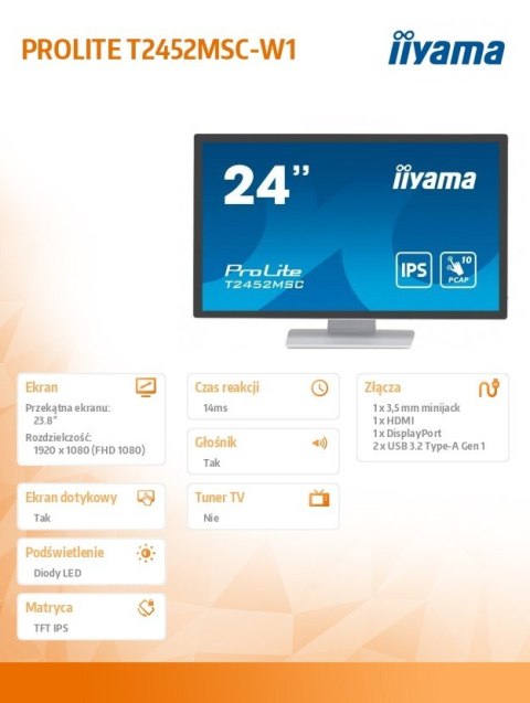 IIYAMA Monitor 24 cale T2452MSC-W1 10 PKT. POJ,IPS,HDMI,DP IIYAMA Monitor 24 cale T2452MSC-W1 10 PKT. POJ,IPS,HDMI,DP