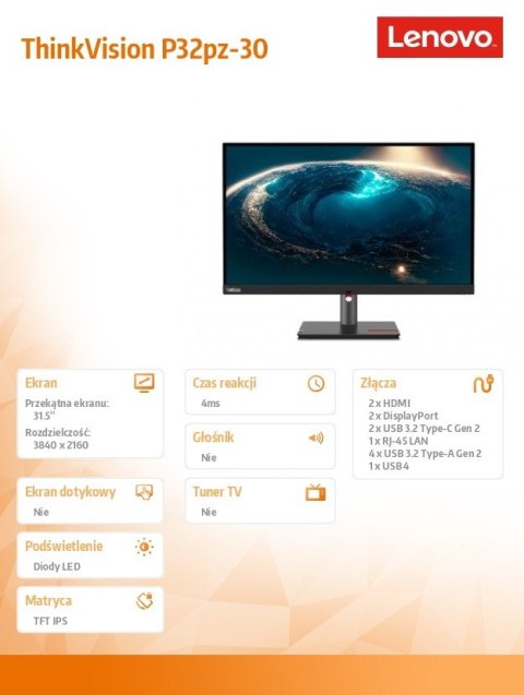 Lenovo Monitor 31.5 cala ThinkVision P32pz-30 63E5GAT2EU Lenovo Monitor 31.5 cala ThinkVision P32pz-30 63E5GAT2EU
