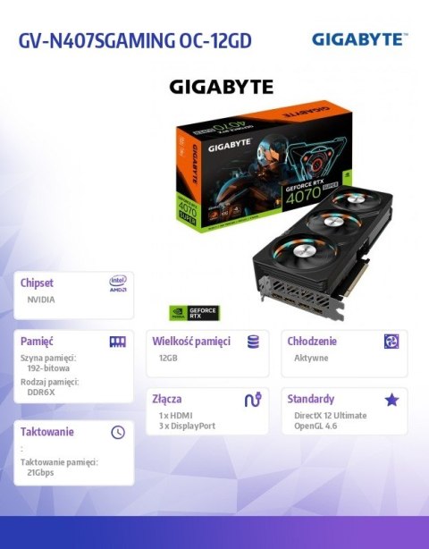 Gigabyte Karta graficzna RTX 4070 SUPER GAMING OC 12G GDDR6X 192bit 3DP Gigabyte Karta graficzna RTX 4070 SUPER GAMING OC 12G GDDR6X 192bit 3DP
