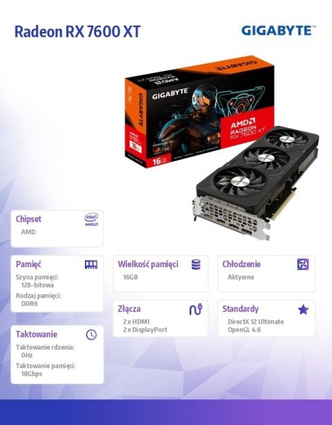 Gigabyte Karta graficzna Radeon RX 7600 XT GAMING OC 16G GDDR6 128bit 2DP/2HDMI Gigabyte Karta graficzna Radeon RX 7600 XT GAMING OC 16G GDDR6 128bit 2DP/2HDMI