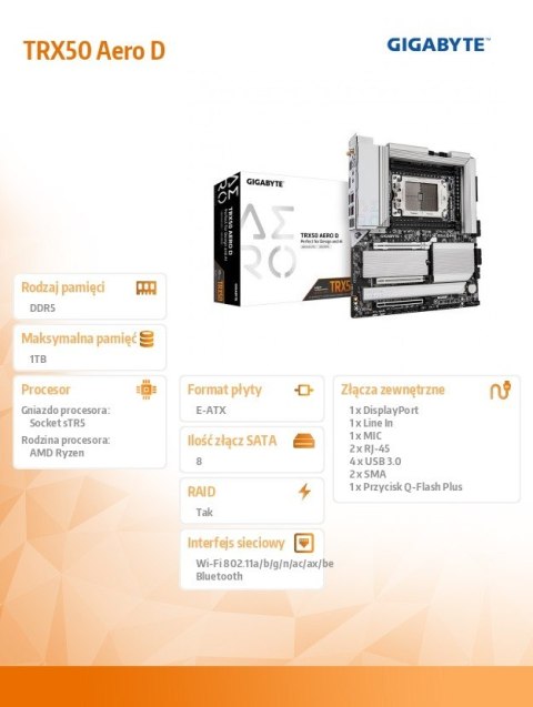 Gigabyte Płyta główna TRX50 AERO D sTR5 4DDR5 HDMI USB/4M.2 eATX Gigabyte Płyta główna TRX50 AERO D sTR5 4DDR5 HDMI USB/4M.2 eATX
