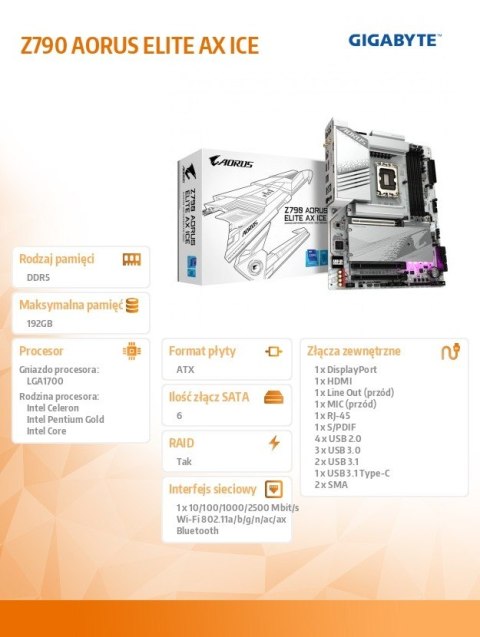 Gigabyte Płyta główna Z790 AORUS ELITE AX ICE S1700 4DDR5 USB/DP ATX Gigabyte Płyta główna Z790 AORUS ELITE AX ICE S1700 4DDR5 USB/DP ATX