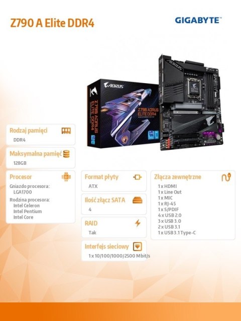 Gigabyte Płyta główna Z790 AORUS ELITE DDR4 S1700 4DDR4 USB/M.2 ATX Gigabyte Płyta główna Z790 AORUS ELITE DDR4 S1700 4DDR4 USB/M.2 ATX
