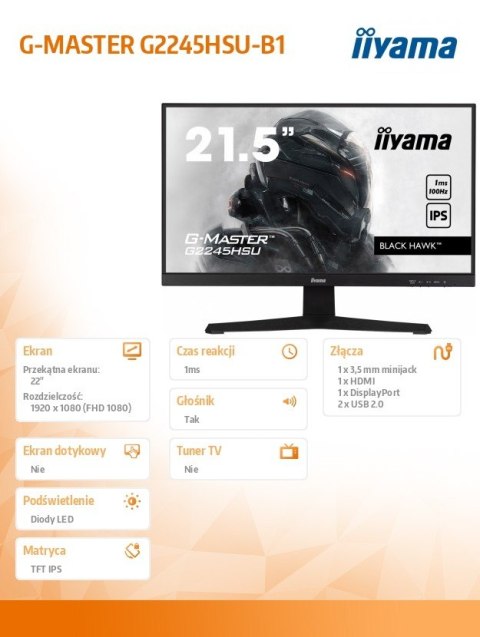 IIYAMA Monitor 22 cale G2245HSU-B1 IPS,FHD,100Hz,1ms,2xUSB,HDMI,DP,2x2W, FreeSync IIYAMA Monitor 22 cale G2245HSU-B1 IPS,FHD,100Hz,1ms,2xUSB,HDMI,DP,2x2W, FreeSync