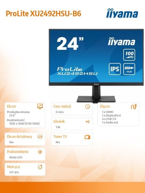IIYAMA Monitor 23.8 cala XU2492HSU-B6 IPS,FHD,HDMI,DP,100Hz,4xUSB3.2,SLIM,2x2W IIYAMA Monitor 23.8 cala XU2492HSU-B6 IPS,FHD,HDMI,DP,100Hz,4xUSB3.2,SLIM,2x2W