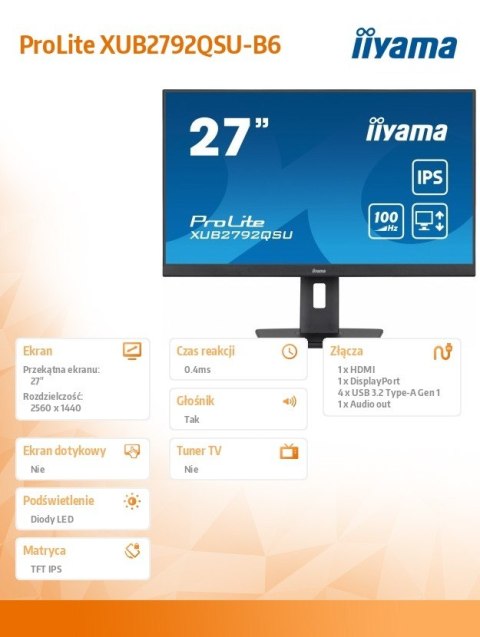 IIYAMA Monitor ProLite XUB2792QSU-B6 27 cali IPS,QHD,HAS(150mm),100Hz,4xUSB3.2,SLIM IIYAMA Monitor ProLite XUB2792QSU-B6 27 cali IPS,QHD,HAS(150mm),100Hz,4xUSB3.2,SLIM