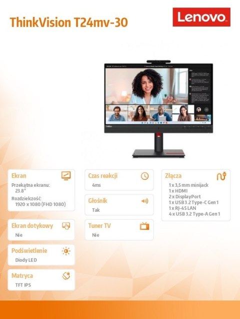 Lenovo Monitor 23.8 cala ThinkVision T24mv-30 FHD 63D7UAT3EU Lenovo Monitor 23.8 cala ThinkVision T24mv-30 FHD 63D7UAT3EU