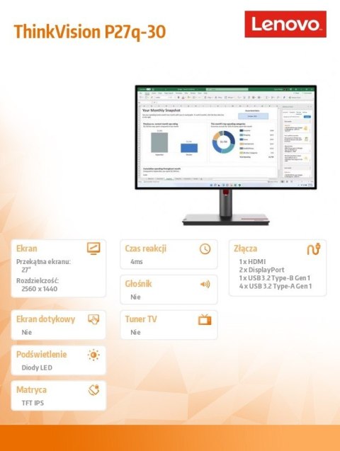 Lenovo Monitor 27 cali ThinkVision P27q-30 WLED LCD 63A2GAT1EU Lenovo Monitor 27 cali ThinkVision P27q-30 WLED LCD 63A2GAT1EU