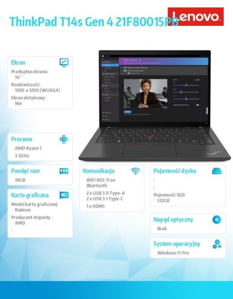 Lenovo Ultrabook ThinkPad T14s G4 21F80015PB W11Pro 7840U/16GB/512GB/INT/14.0 WUXGA/Deep Black/3YRS Premier Support Lenovo Ultrabook ThinkPad T14s G4 21F80015PB W11Pro 7840U/16GB/512GB/INT/14.0 WUXGA/Deep Black/3YRS Premier Support
